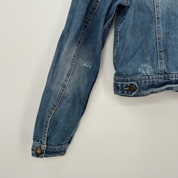 Y2K Bongo Women's Medium Wash Distressed Cropped Denim Trucker Jacket Size Large - Picture 7 of 8